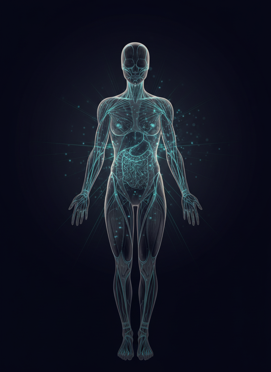 Anatomical body pattern visualization showing interconnected fascia lines