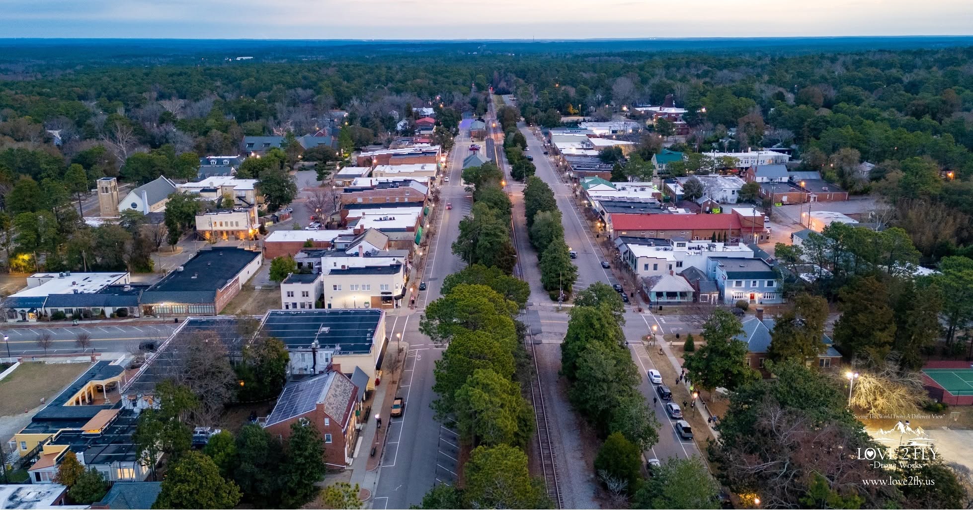Small town at dusk aerial