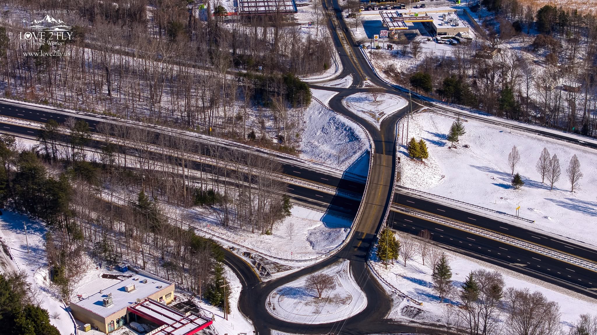 Snowy highway interchange aerial