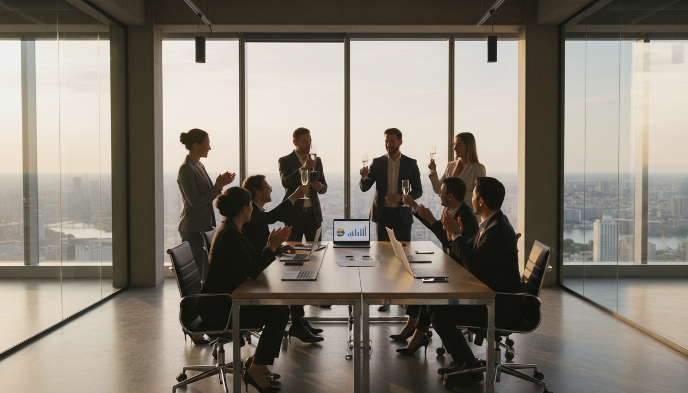 Business team celebrating success in modern office