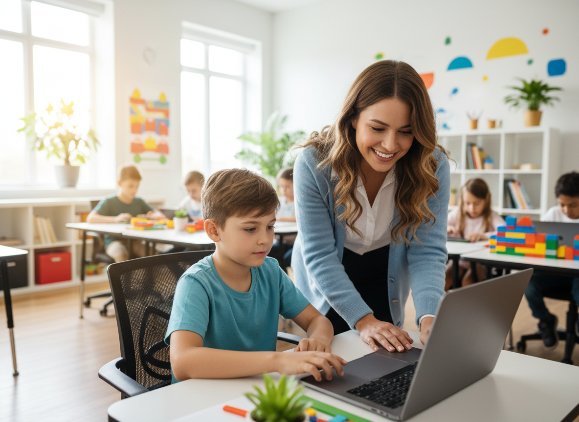Teacher helping a student with schoolwork at a desk