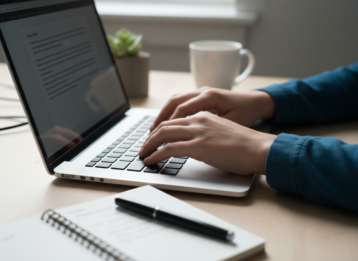 Student typing on a laptop in a clean study environment