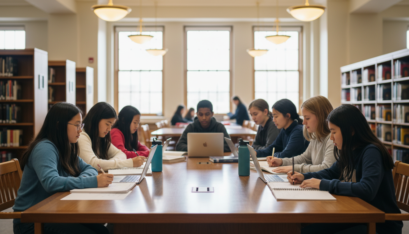 Diverse students studying together with laptops at a modern library table