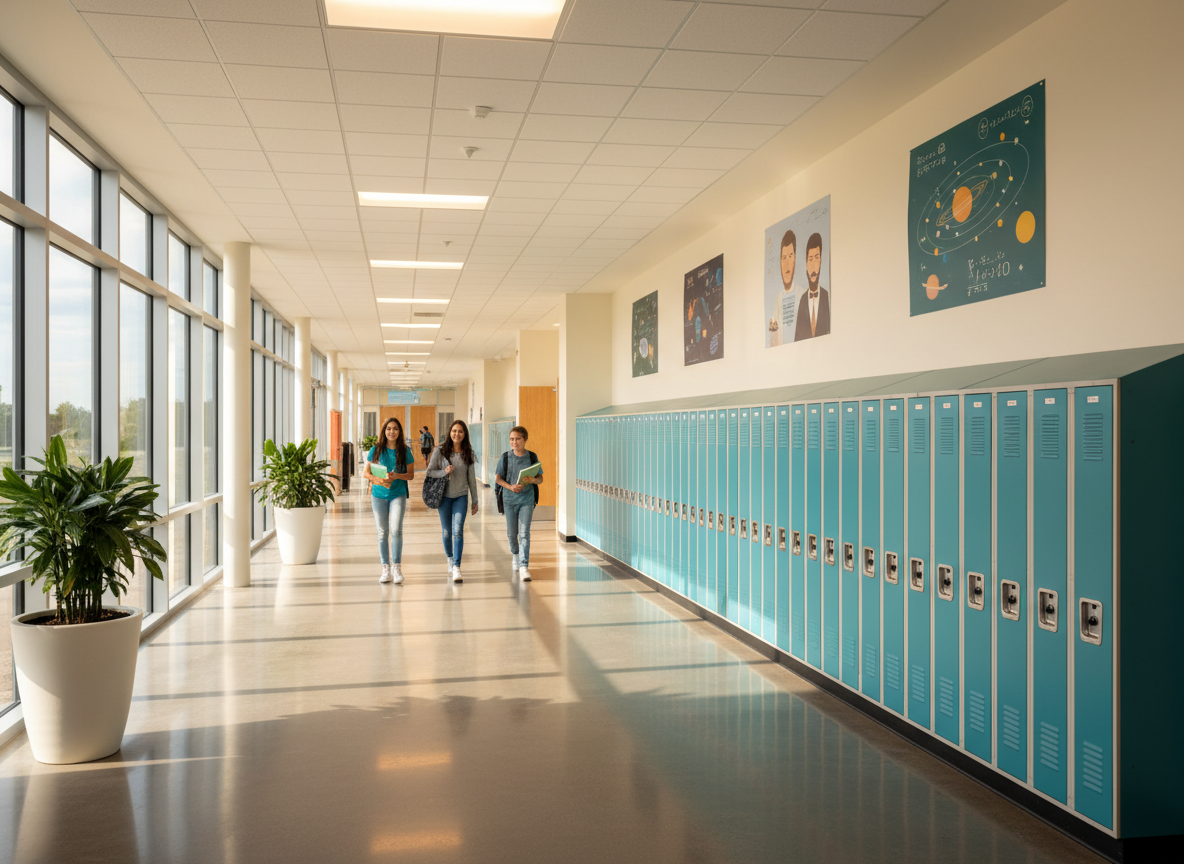Clean modern school hallway with natural light