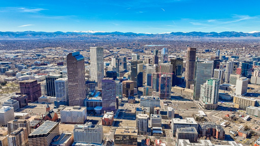 Aerial — Denver CBD Looking West to Rockies