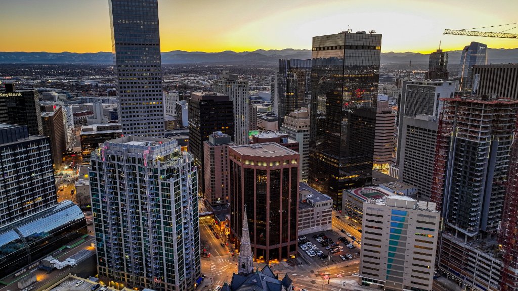 Twilight Aerial — Denver Skyline Golden Hour Wide