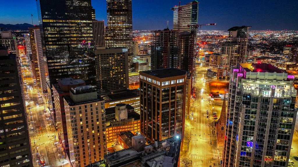 Night Aerial — Downtown Denver Looking East