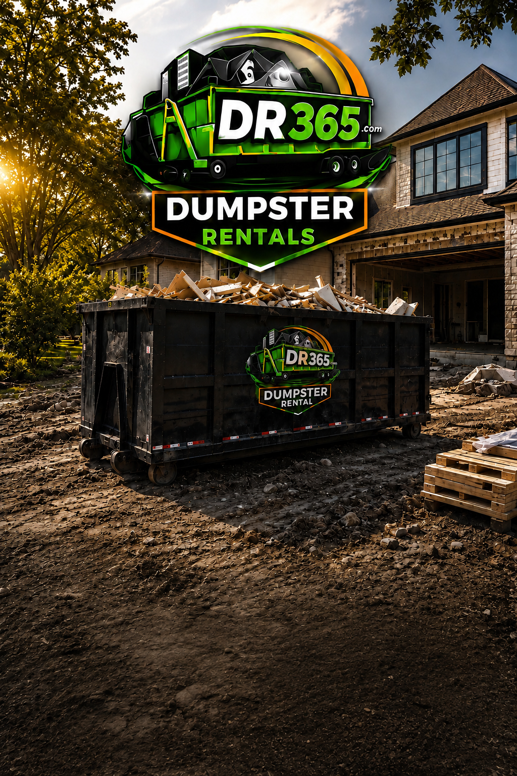 DR365 dumpster rental — branded logo with green roll-off dumpster and house, set against a night-time city and residential scene