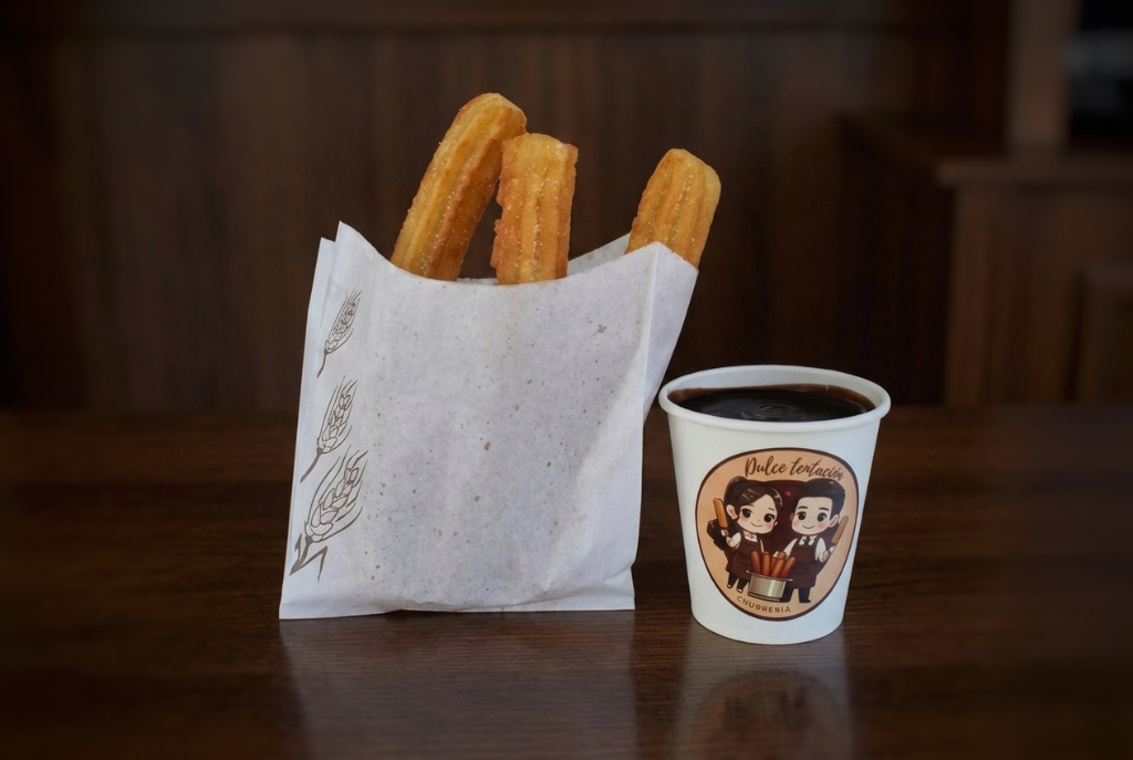 Churro artesanal siendo mojado en chocolate caliente espeso