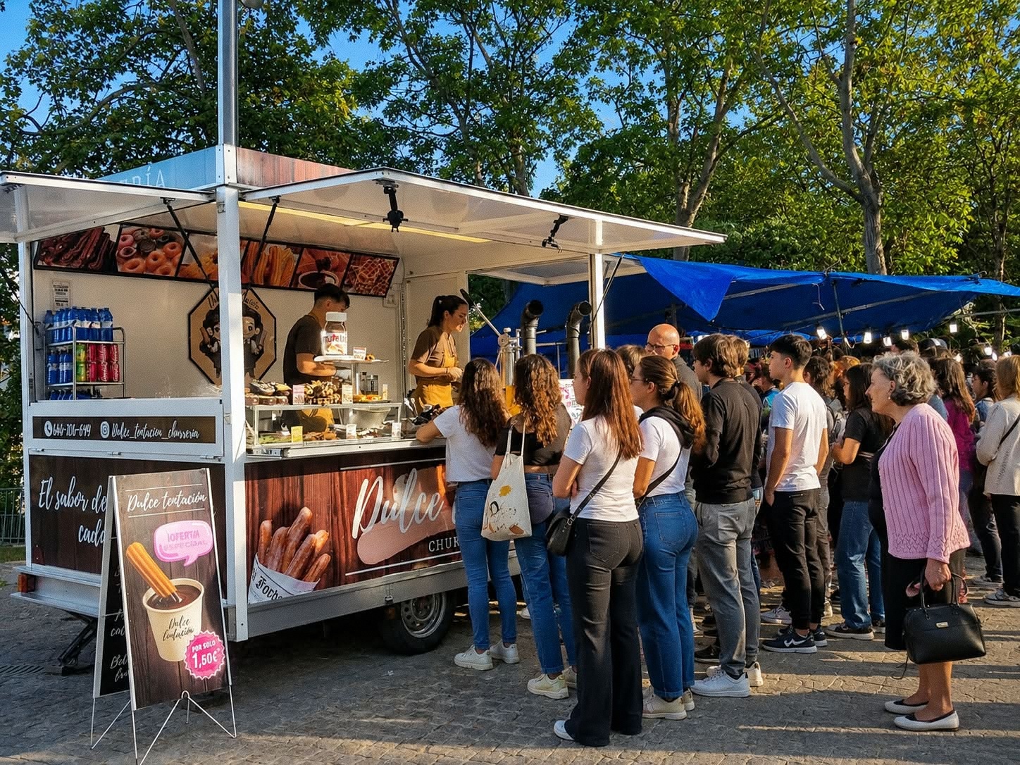 Churrería móvil de Dulce Tentación durante un evento diurno con cola de público