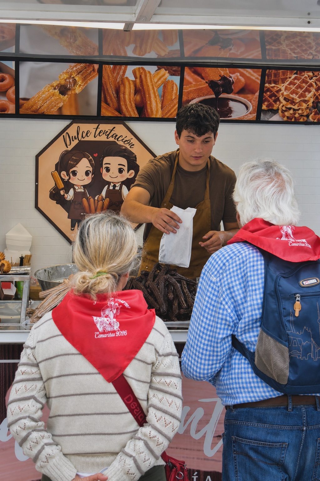 Clientes recibiendo churros en la churrería durante un evento en Camariñas