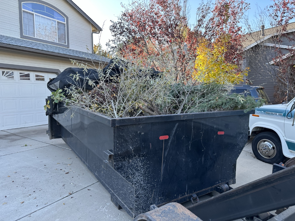 Dumpster filled with brush and yard waste
