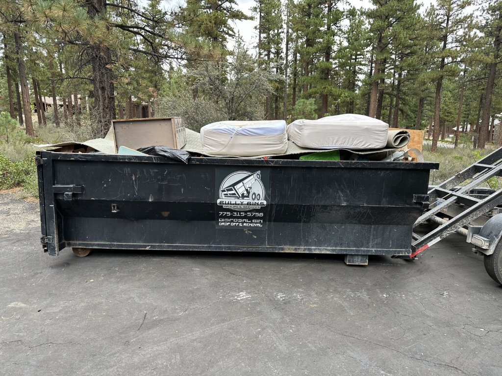 Dumpster loaded with household junk