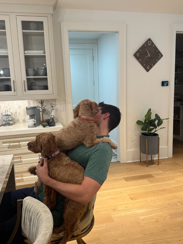 Andy with two dogs on his lap