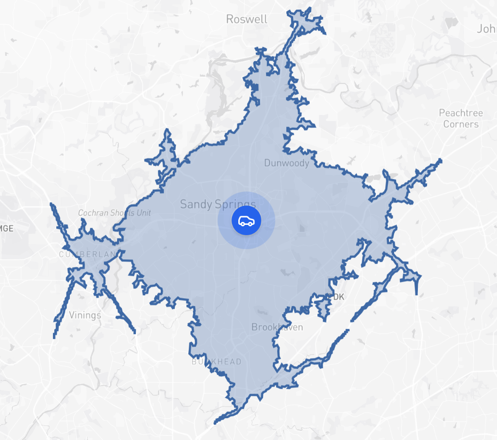 Service area map showing coverage around Sandy Springs and North Atlanta