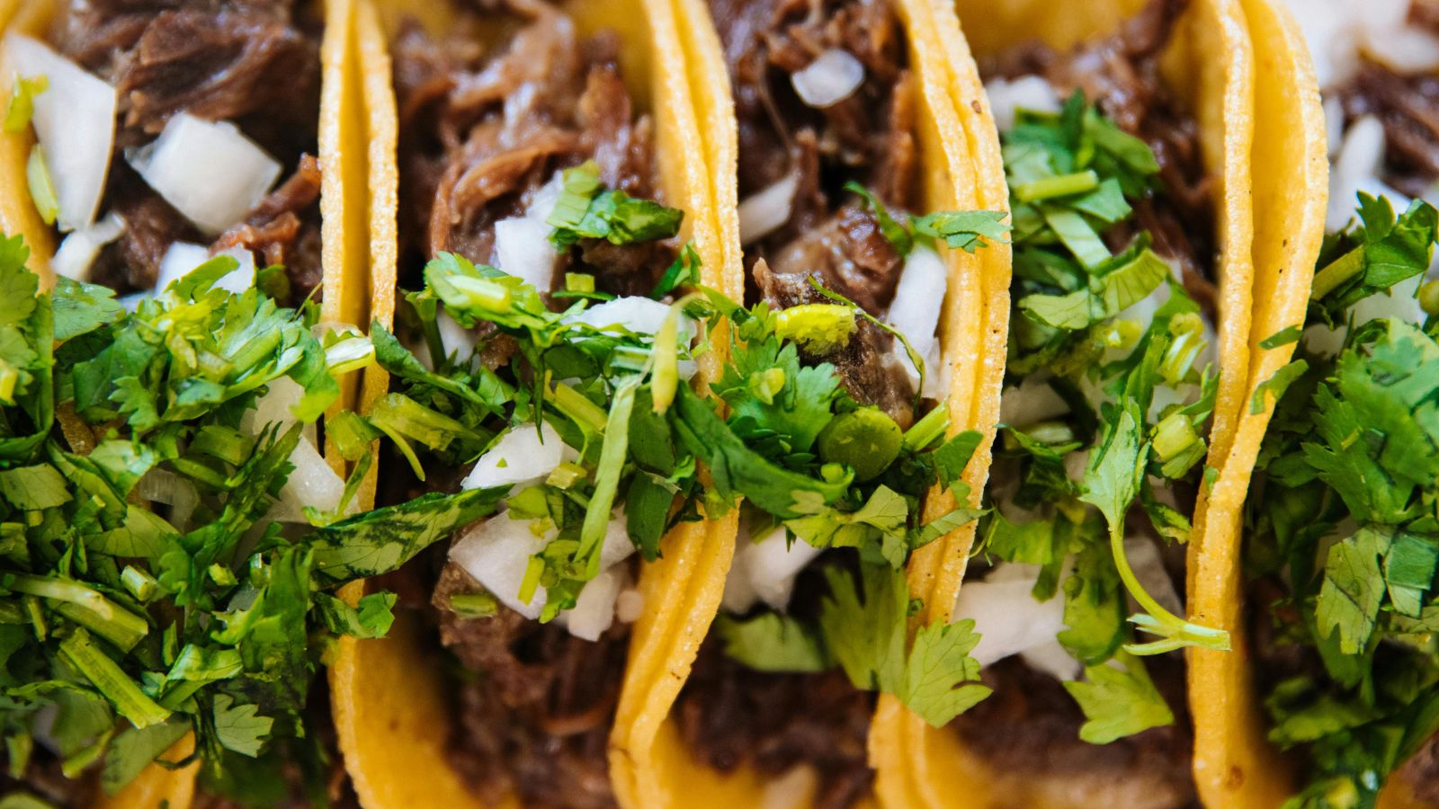 Close-up of tacos with chopped onion and cilantro. Real photograph by Jeswin Thomas.