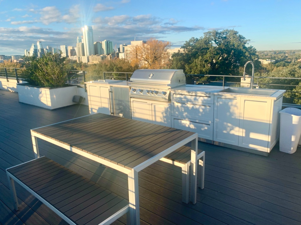 Austin downtown skyline from the rooftop at golden hour