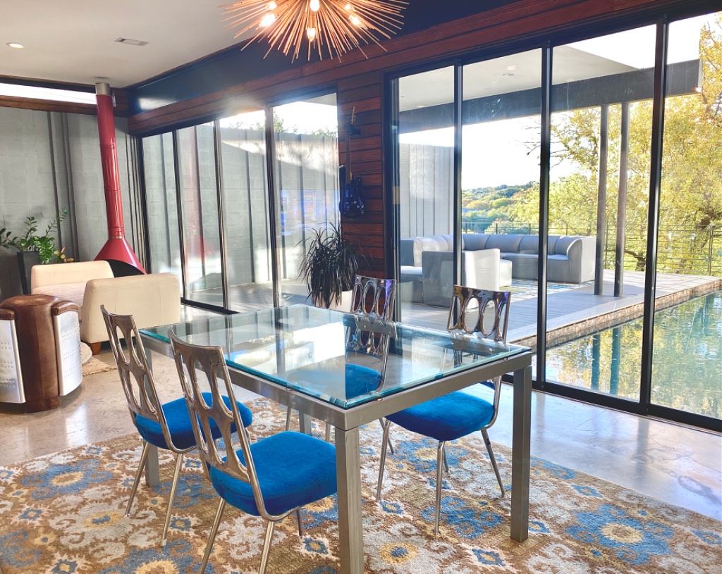 Dining table with pool views