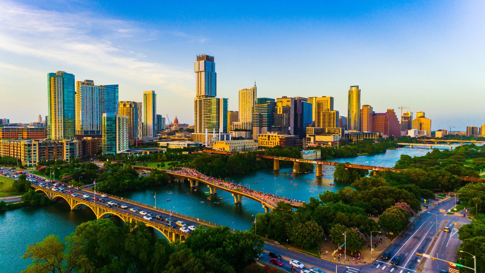 Colorful Cityscape Austin. Real photograph by RoschetzkyIstockPhoto / Getty Images, sourced through Canva.