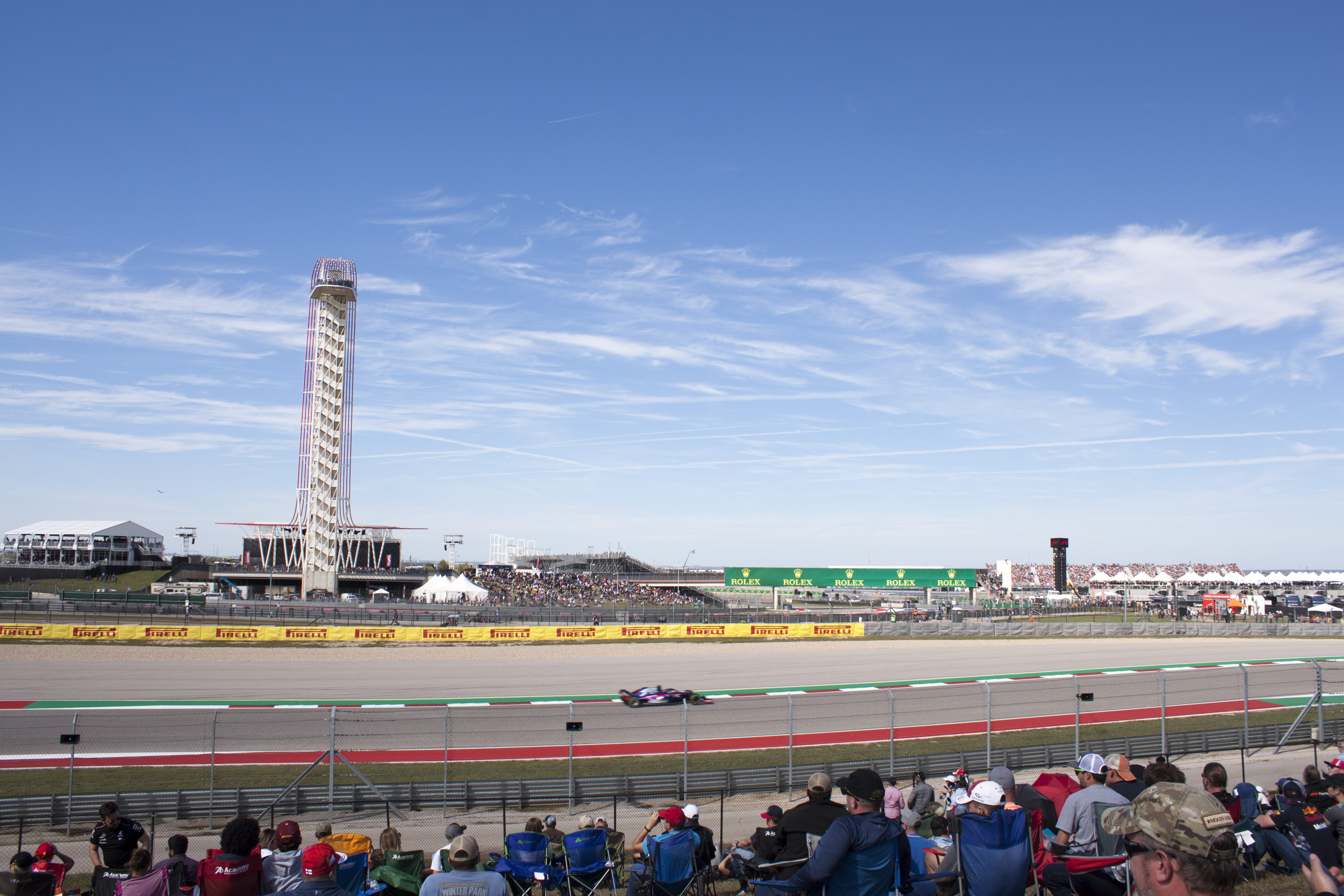 Circuit of the Americas during the 2018 United States Grand Prix, with the observation tower and race track. Archival photo by HoverVan, CC BY-SA 4.0.