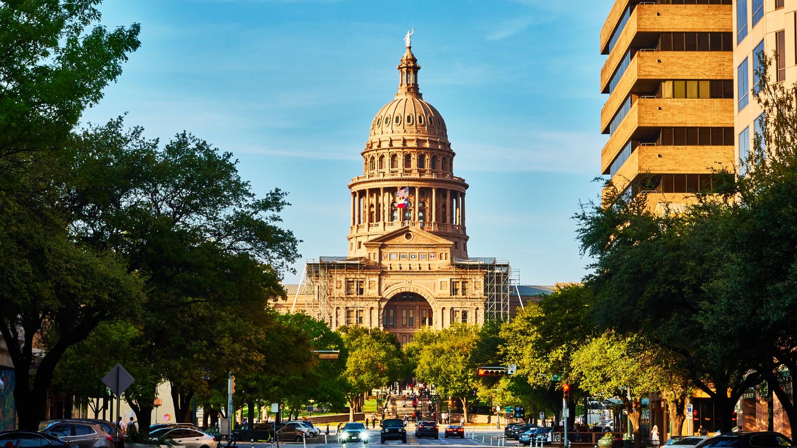 Texas State Capitol viewed from Congress Avenue in Austin. Photograph by EIJI OGURA / Getty Images, sourced through Canva.