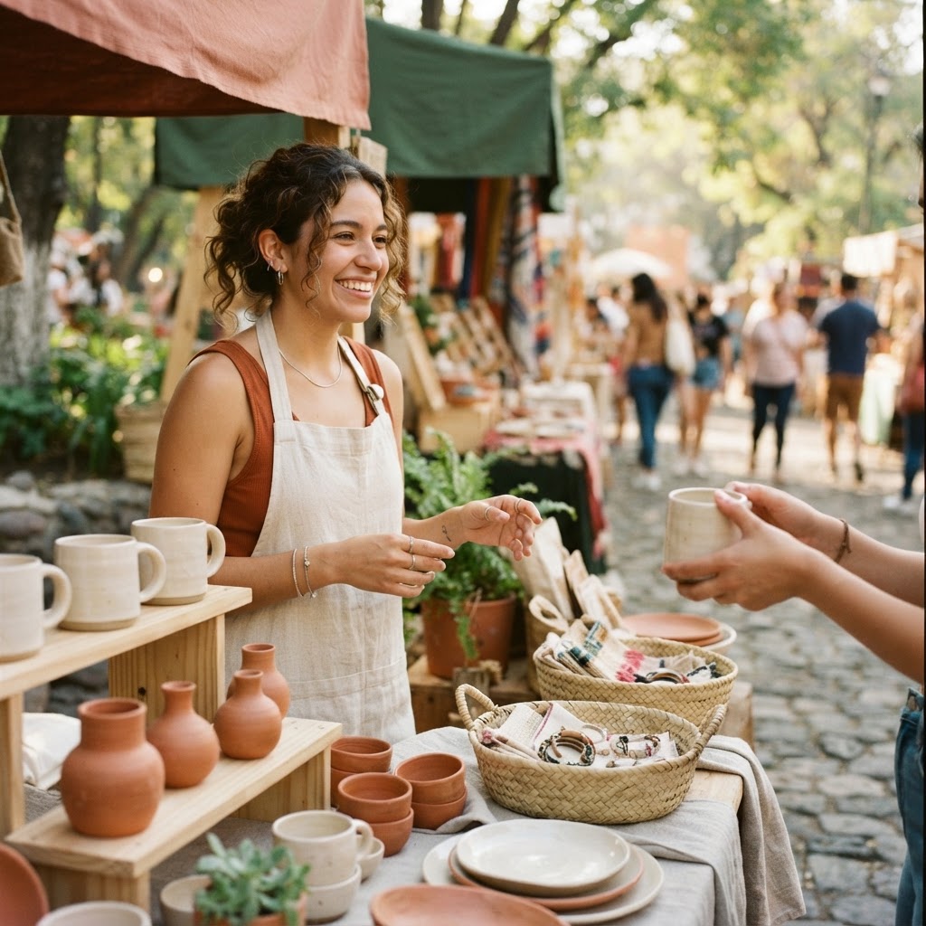Artesana mostrando sus productos en una feria al aire libre