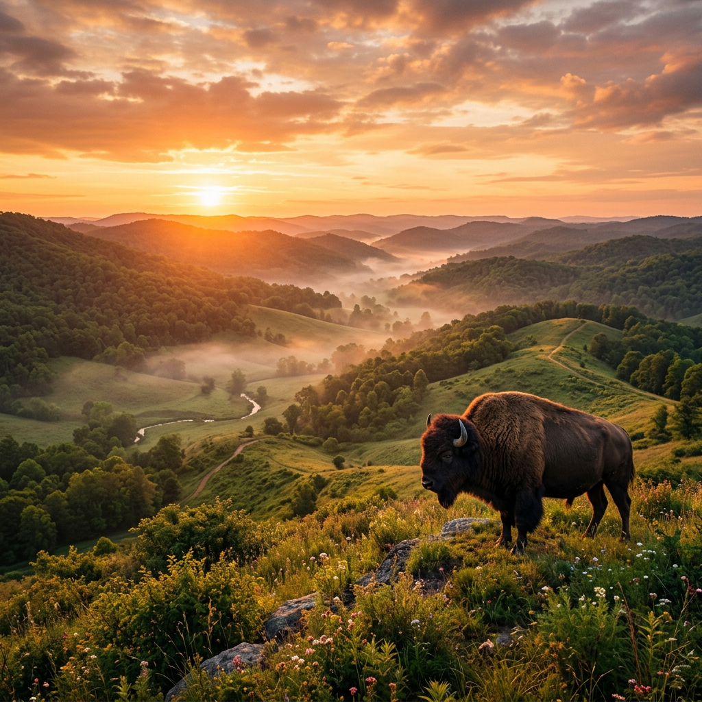 Tennessee rolling hills with bison - Mighty Maverick Music