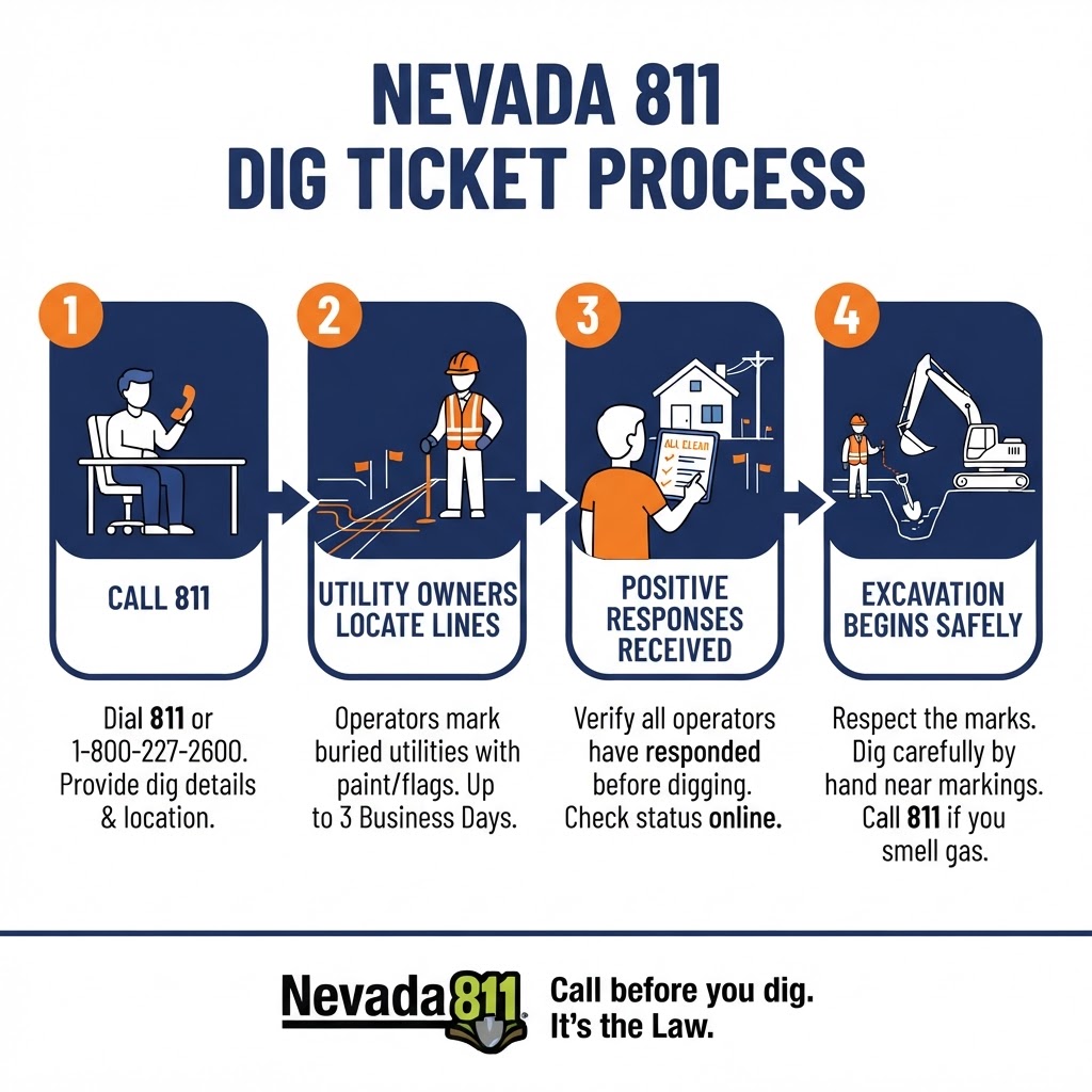Nevada 811 dig ticket process diagram showing 4 steps from calling 811 to safe excavation