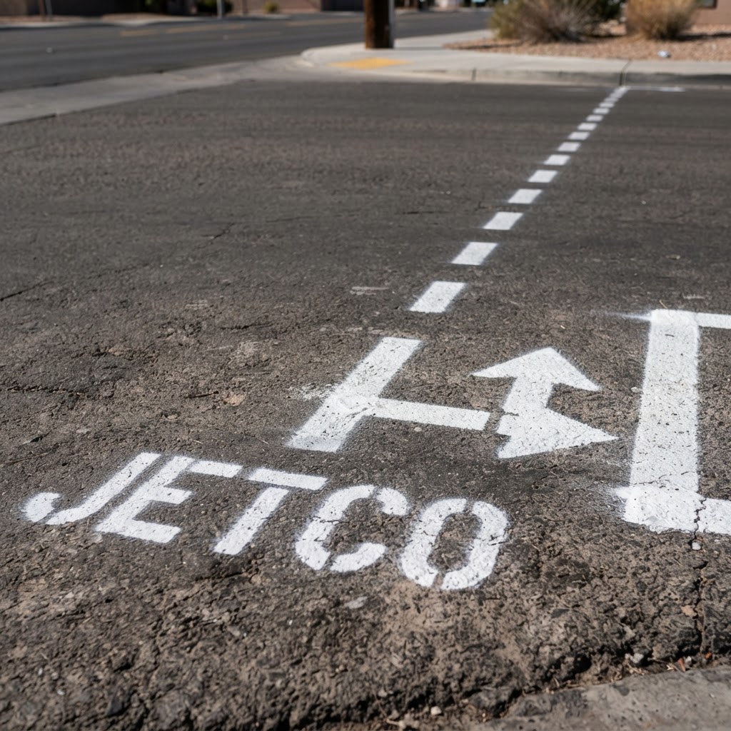 White pre-marking on asphalt — JETCO painted with L-shaped double arrow indicating the dig zone