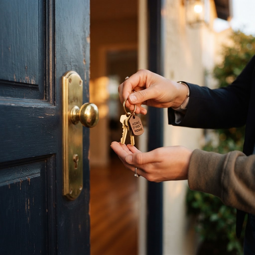 An agent passing house keys to a buyer at golden hour