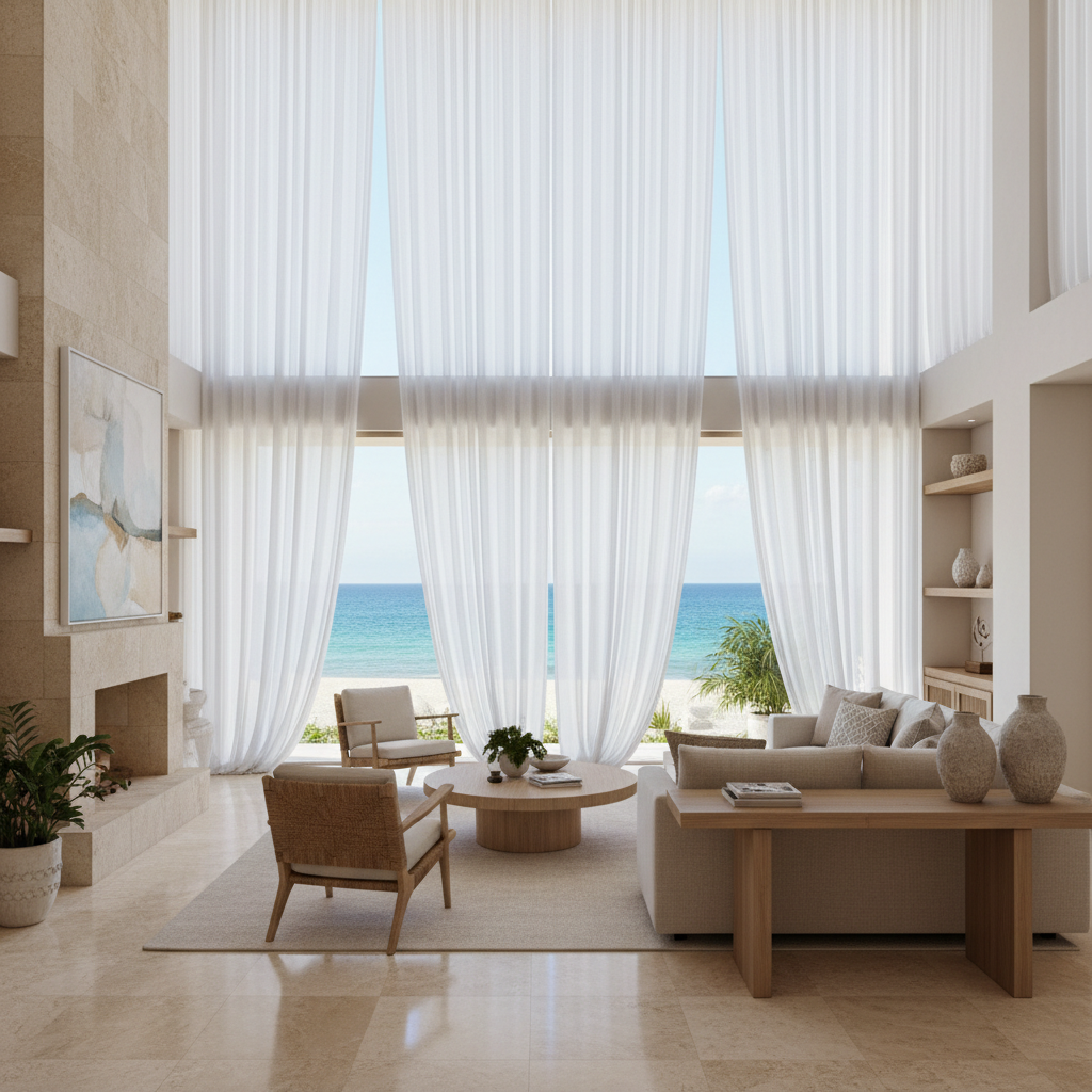 Custom sheer linen drapery by Baja Shades in a La Paz beachfront living room
