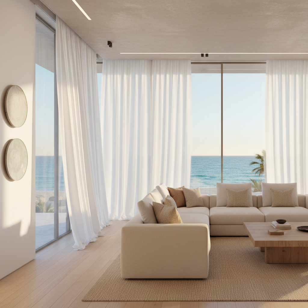 Custom sheer linen drapery by Baja Shades in a Cabo San Lucas beachfront living room