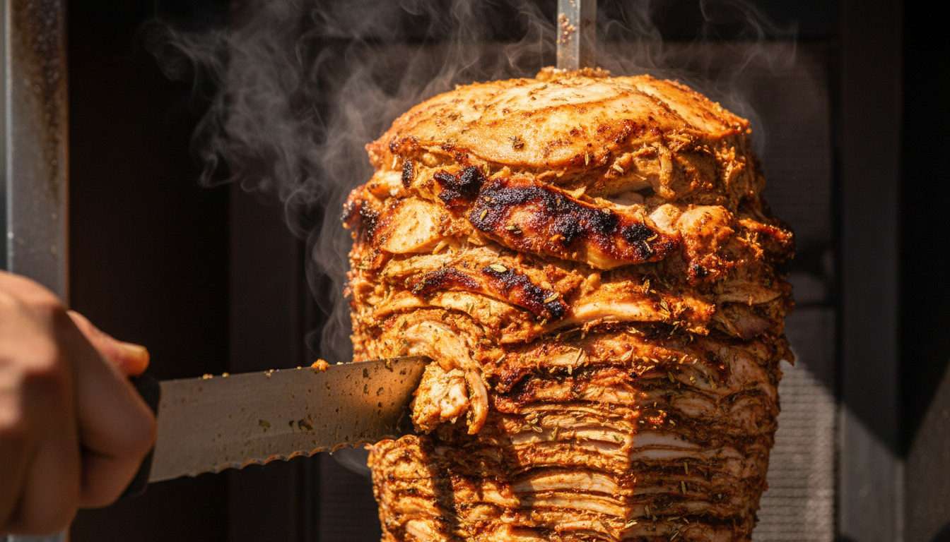 Greek gyros being carved from a vertical spit with steam rising