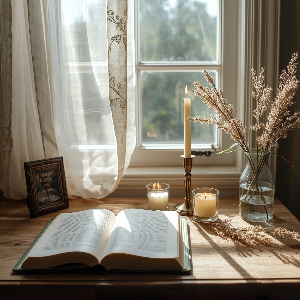 A weathered leather journal, candle, and dried lavender on linen