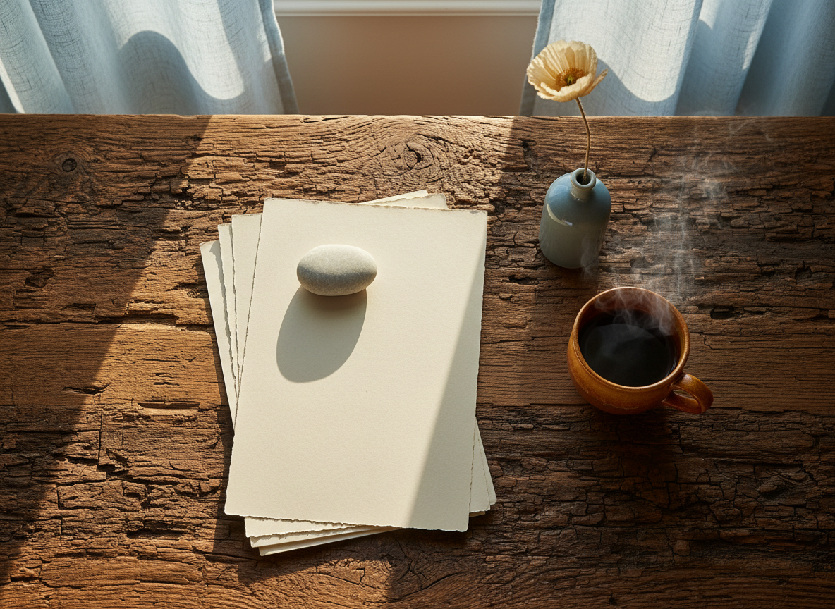A wooden desk with manuscript pages, river stone, coffee, and a dried flower near a window