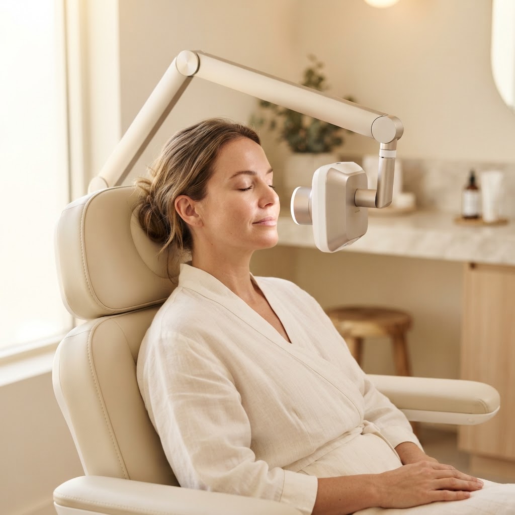 Digital skin analysis camera assessing a client's cheek in a cream-toned clinic room