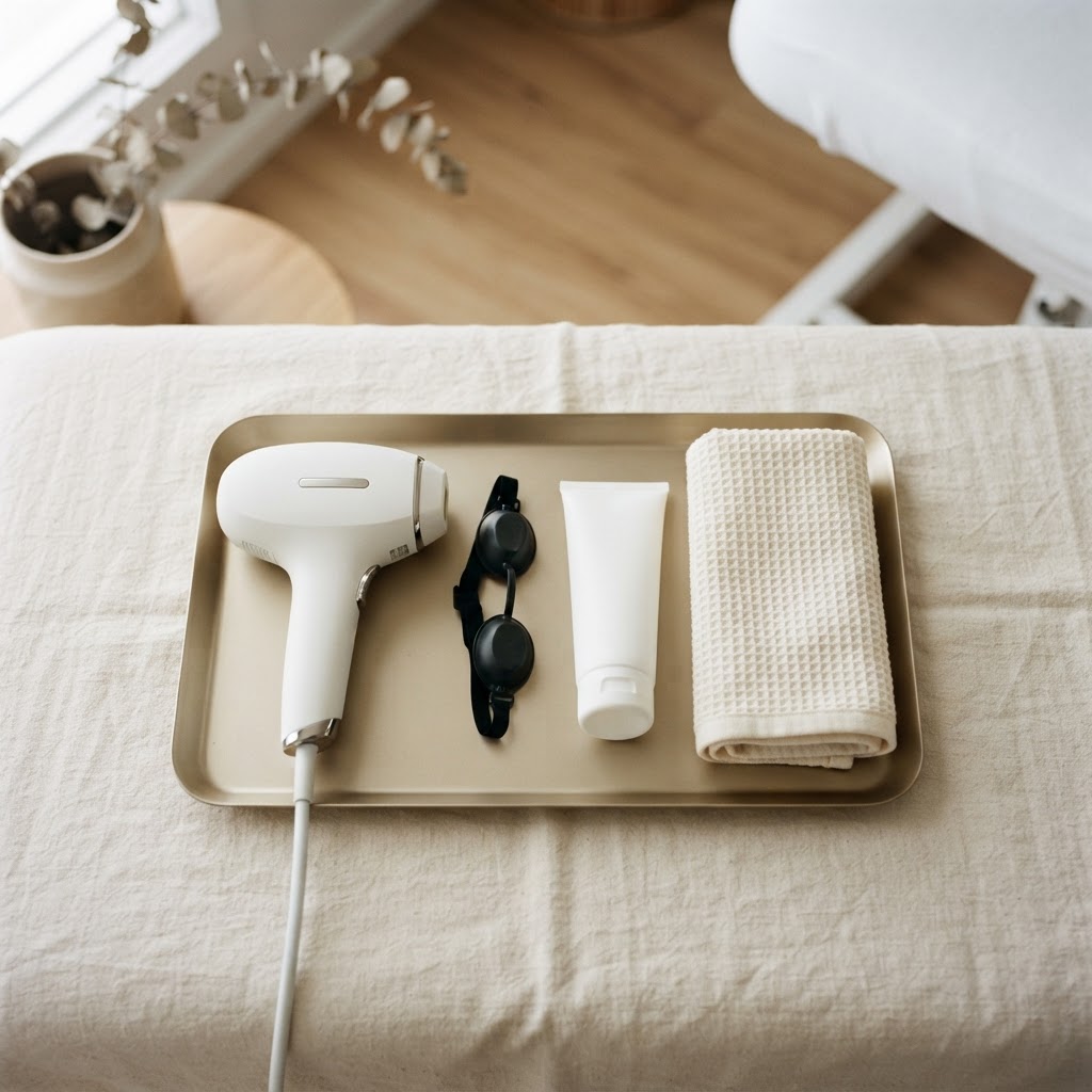 Laser hair removal handpiece, eye shields, shaving gel and towel arranged on a tray before an appointment
