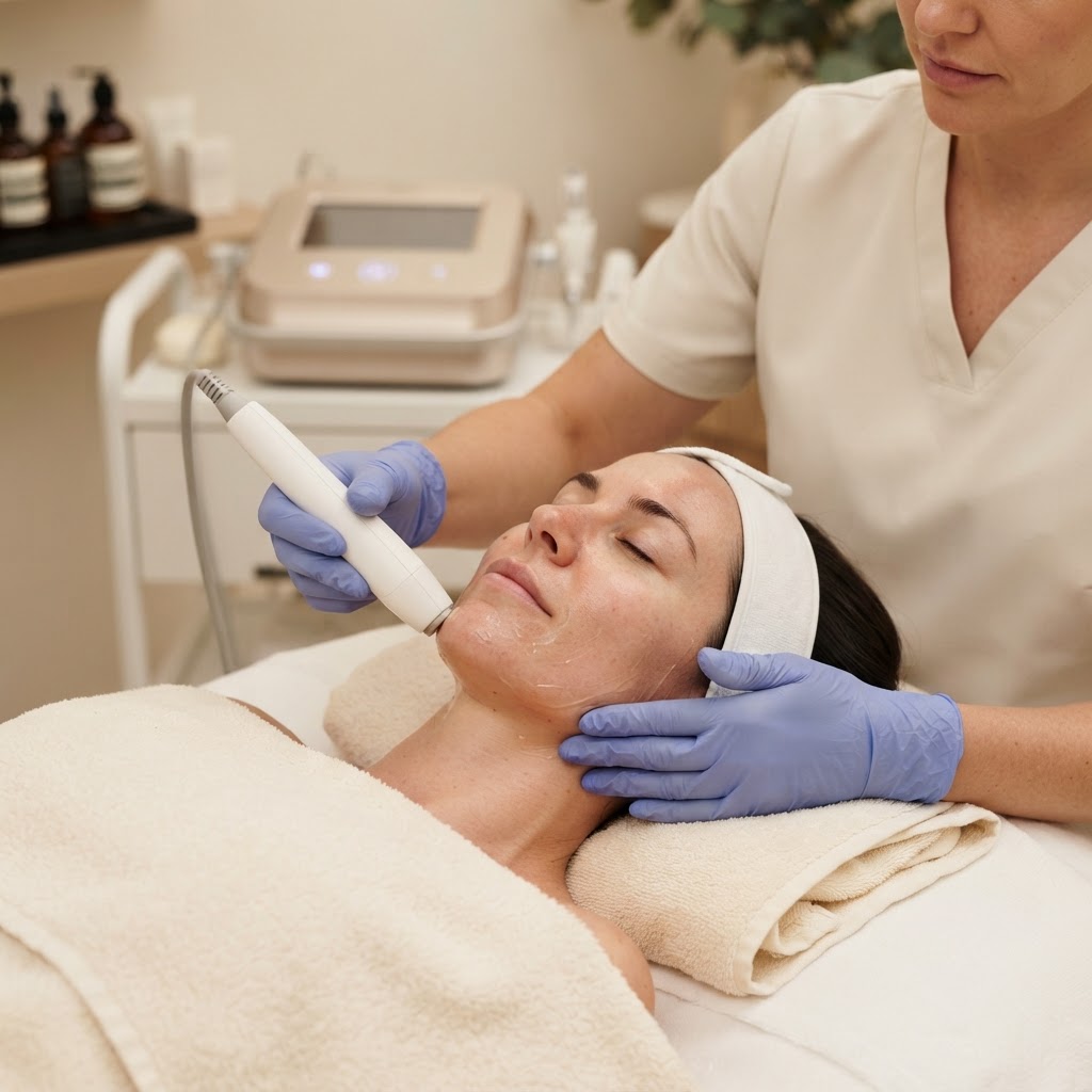 Practitioner moving a radiofrequency handpiece over a client's cheek during an RF skin tightening facial