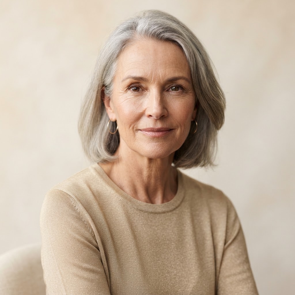 Portrait of a woman in her fifties with natural healthy skin and soft expression lines