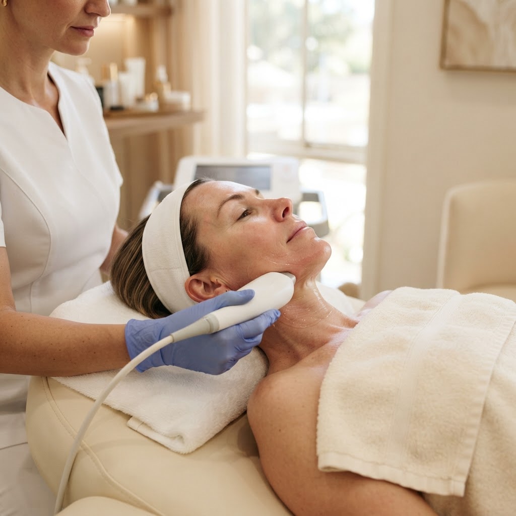 Practitioner guiding a HIFU handpiece along a client's jawline during a lower face skin tightening treatment