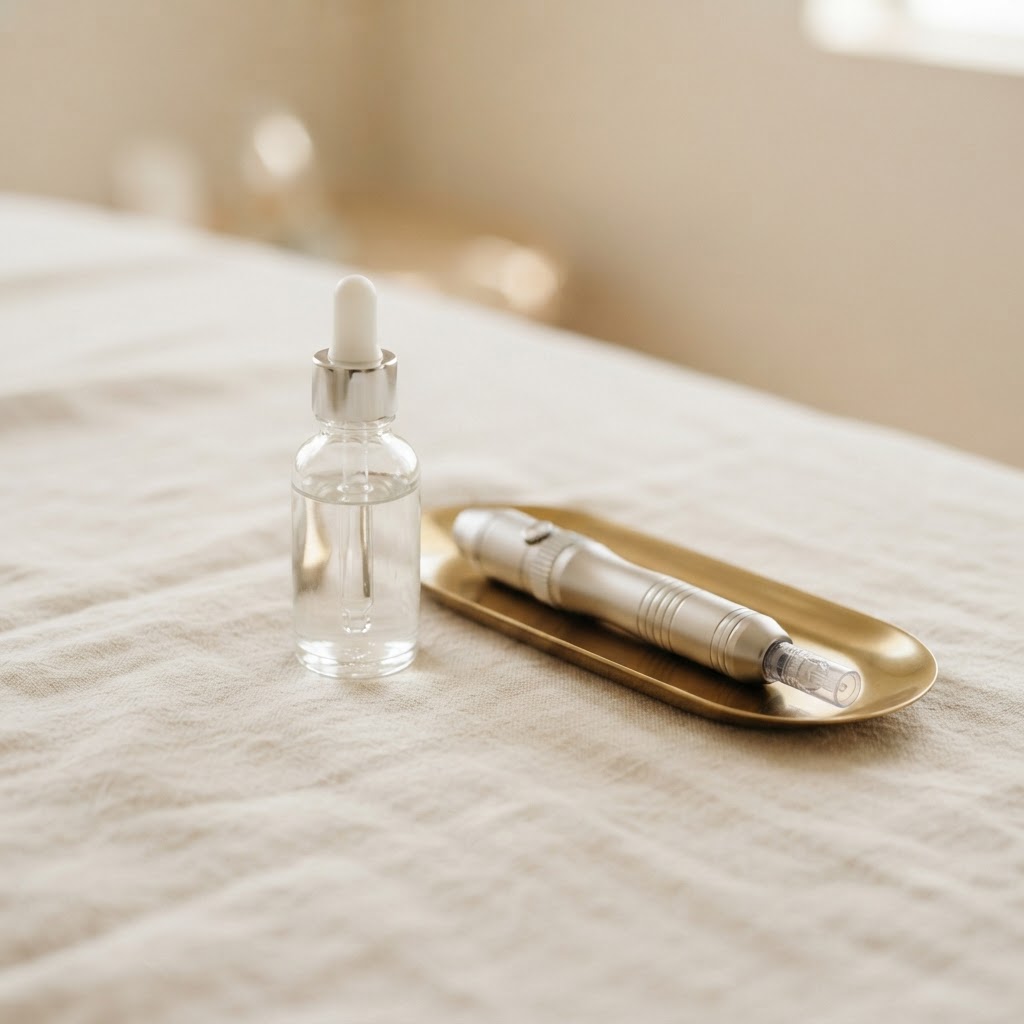 Serum dropper bottle and microneedling pen side by side on cream linen