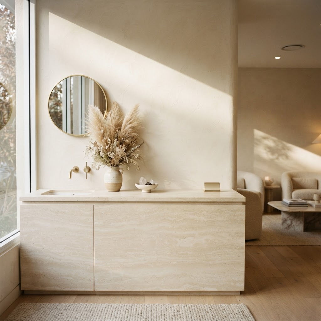 Reception counter of a boutique aesthetics clinic with cream stone and gold tapware
