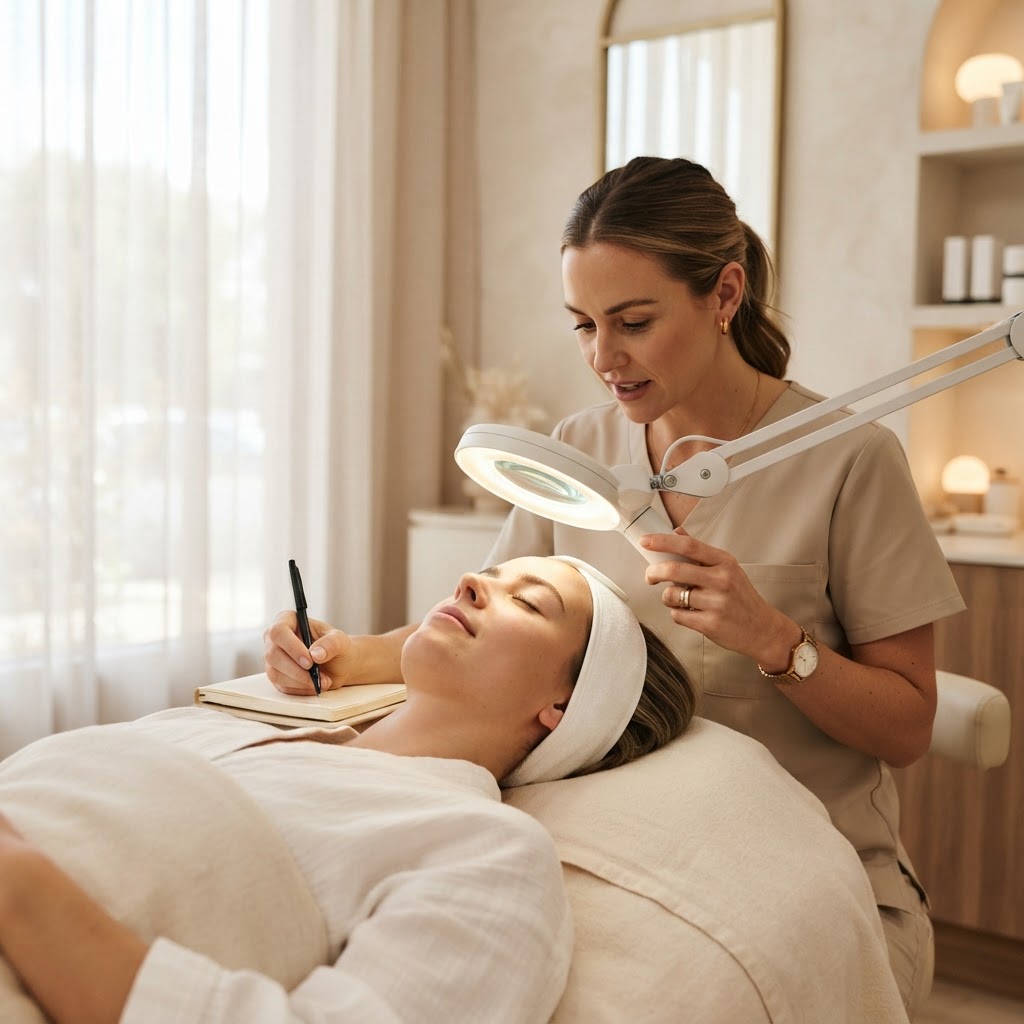 Practitioner examining a client's cheek with a magnifying lamp during a skin assessment