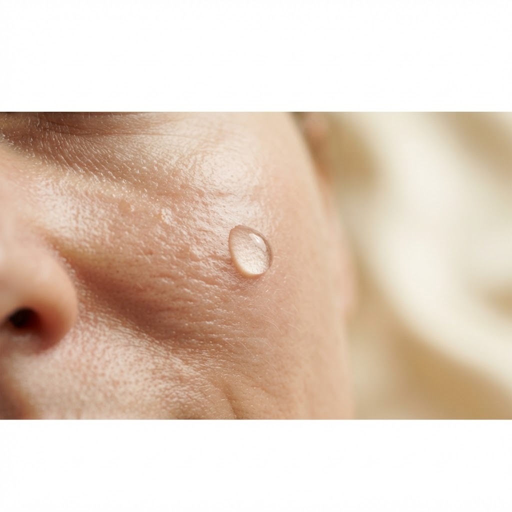 Macro view of a firm, dewy cheek with a water droplet illustrating collagen and skin structure