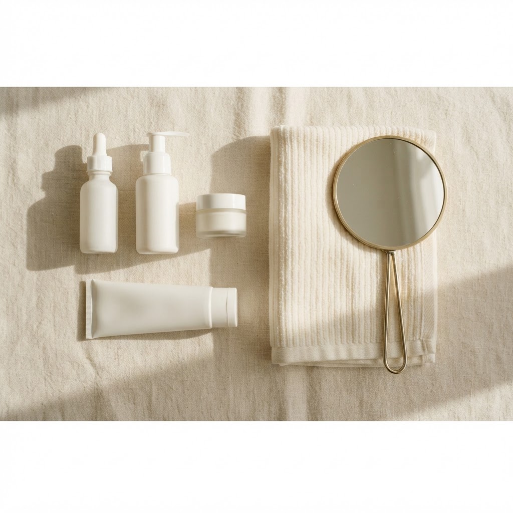 Minimal skincare bottles, sunscreen and hand mirror arranged on cream linen