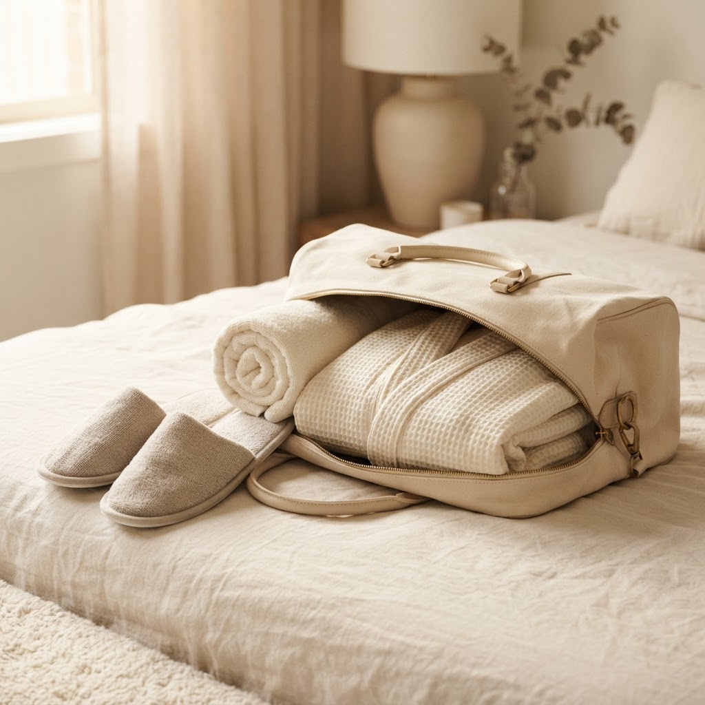 Cream overnight bag with robe, slippers and towel on linen before a first appointment