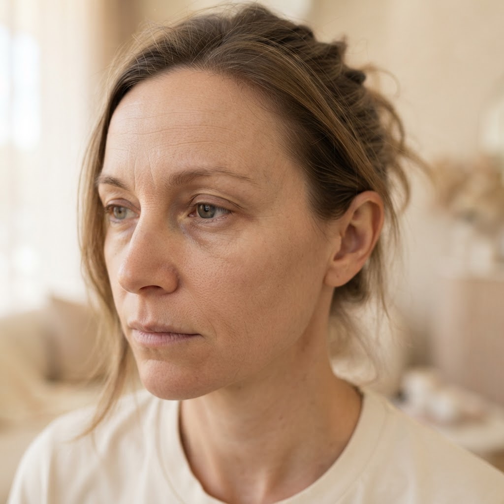 Close-up of a woman's cheek and forehead showing dull, dry-looking skin in ivory light