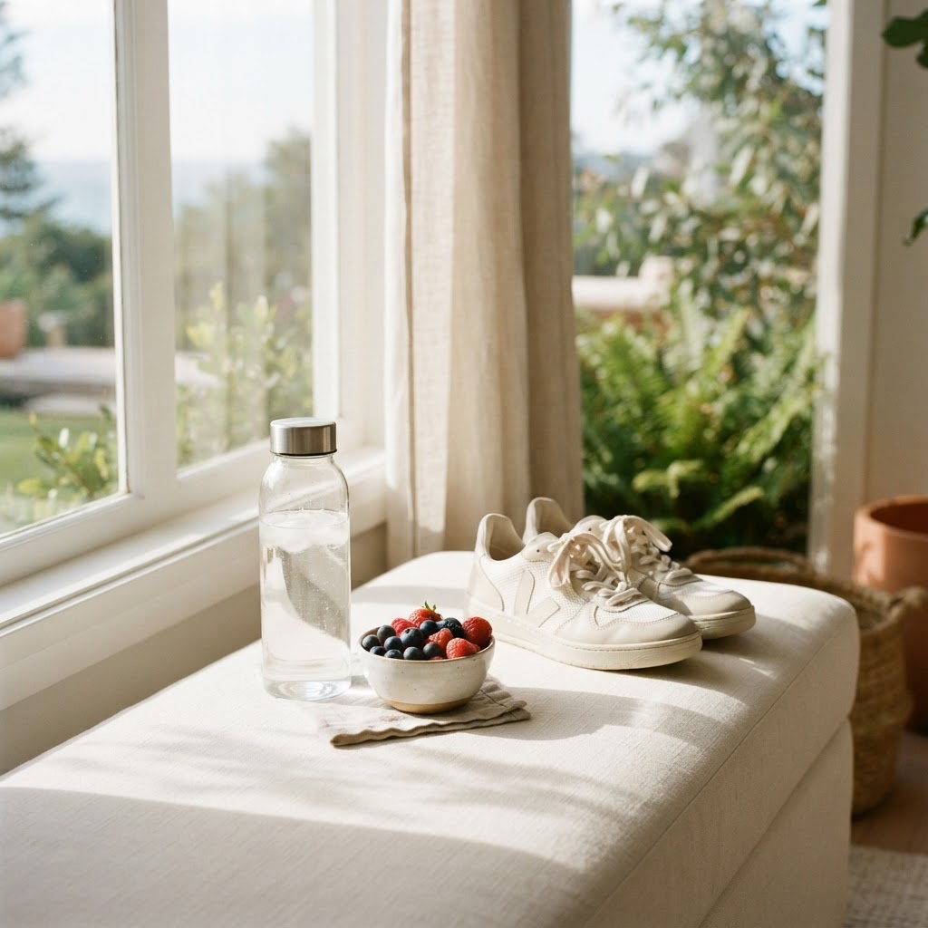 Water bottle, fresh berries and walking shoes on a cream bench beside a window