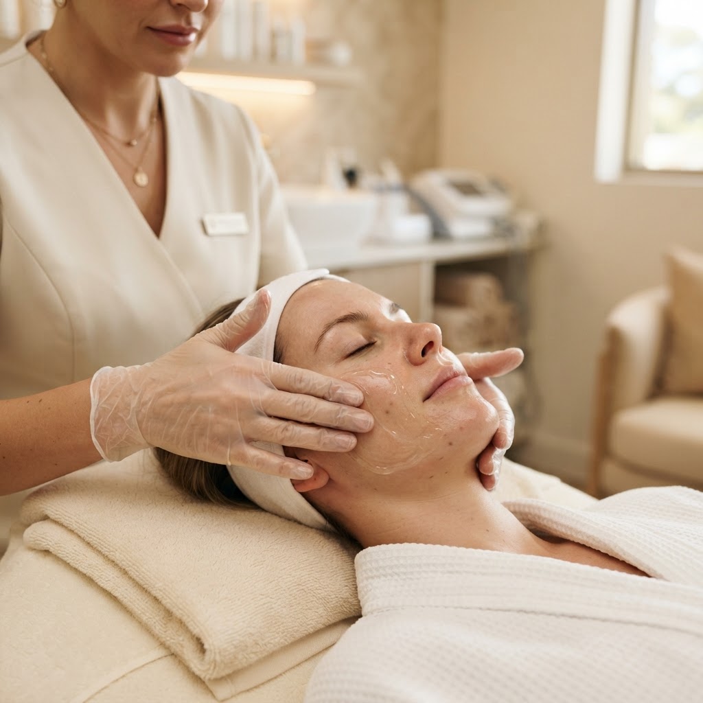 Gloved practitioner applying clear treatment gel to a client's cheek during resurfacing