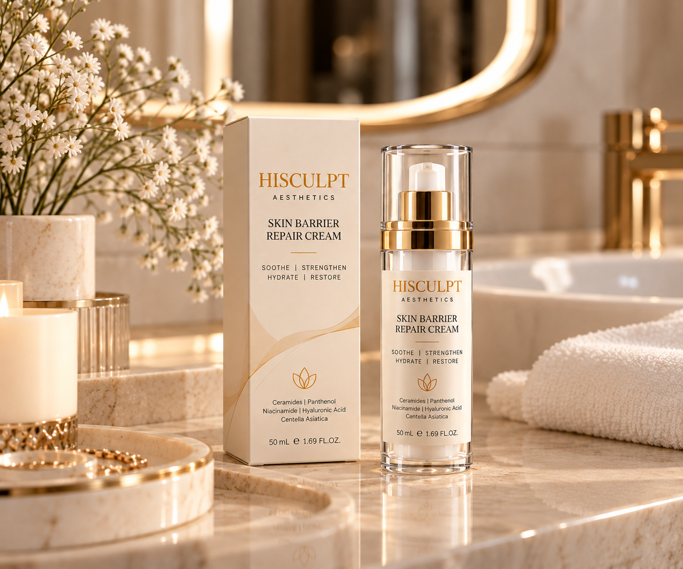 HiSculpt Skin Barrier Repair Cream on a luxury bathroom vanity with gold accents and baby's breath